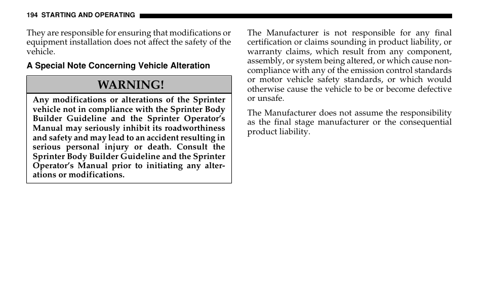Warning | Dodge 2005 Sprinter Cab & Chassis User Manual | Page 194 / 288