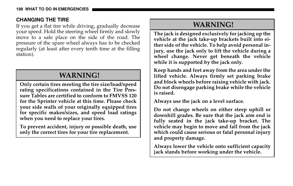 Warning | Dodge 2005 Sprinter Cab & Chassis User Manual | Page 198 / 288