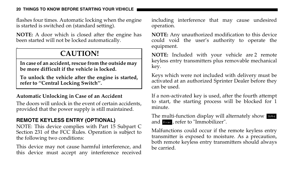 Caution | Dodge 2005 Sprinter Cab & Chassis User Manual | Page 20 / 288