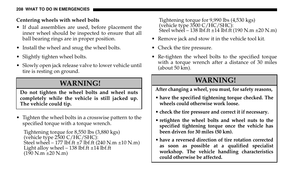 Warning | Dodge 2005 Sprinter Cab & Chassis User Manual | Page 208 / 288
