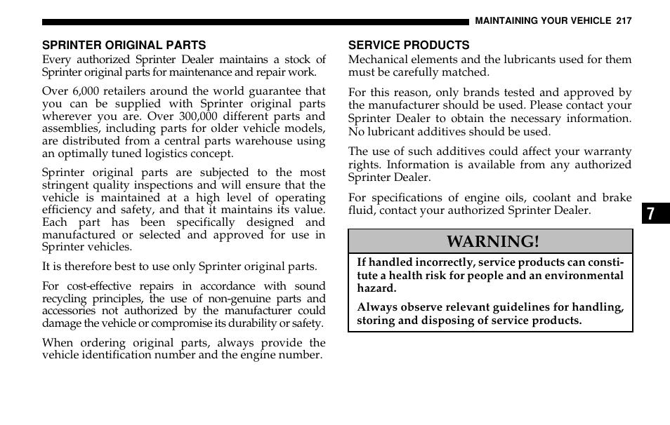 Warning | Dodge 2005 Sprinter Cab & Chassis User Manual | Page 217 / 288