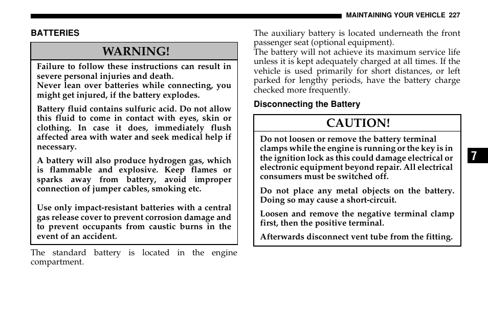 Warning, Caution | Dodge 2005 Sprinter Cab & Chassis User Manual | Page 227 / 288