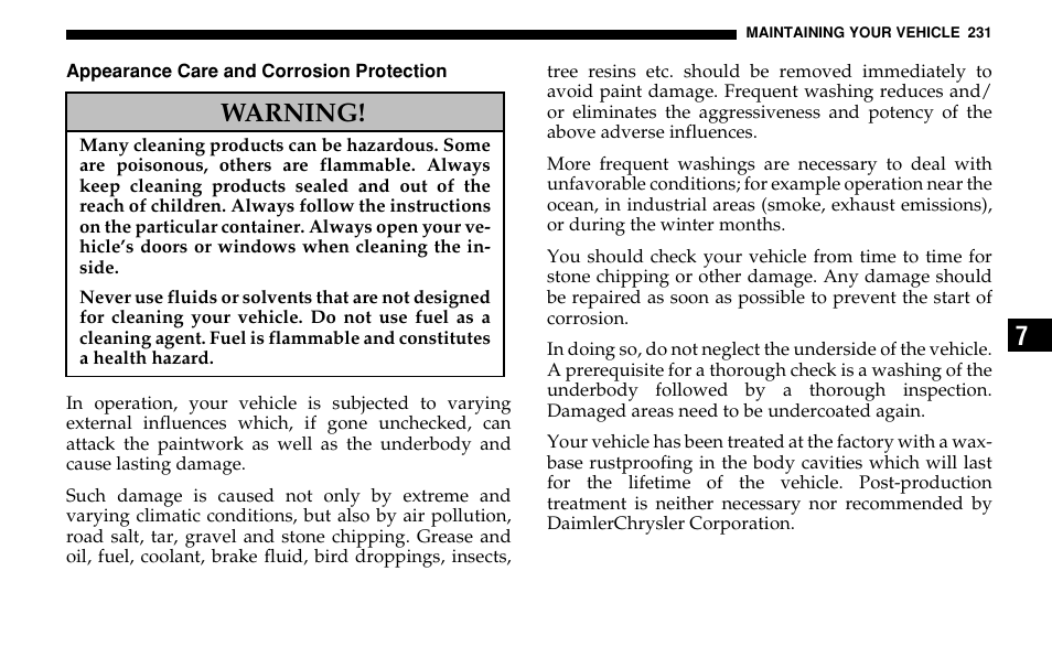 Warning | Dodge 2005 Sprinter Cab & Chassis User Manual | Page 231 / 288