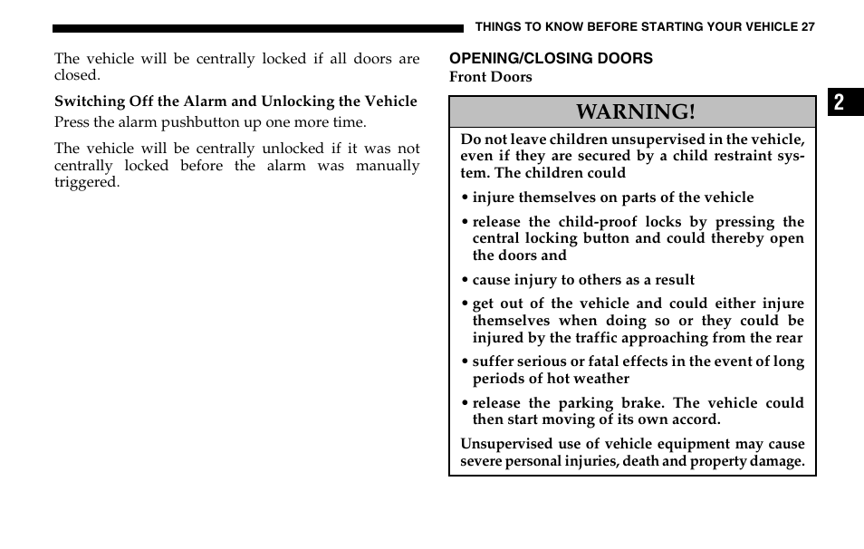 Warning | Dodge 2005 Sprinter Cab & Chassis User Manual | Page 27 / 288