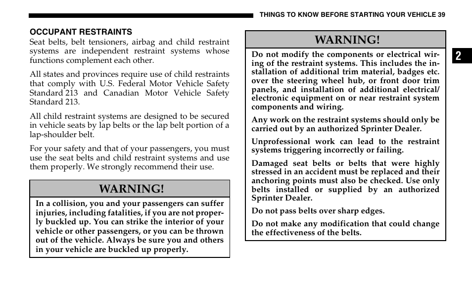 Warning | Dodge 2005 Sprinter Cab & Chassis User Manual | Page 39 / 288