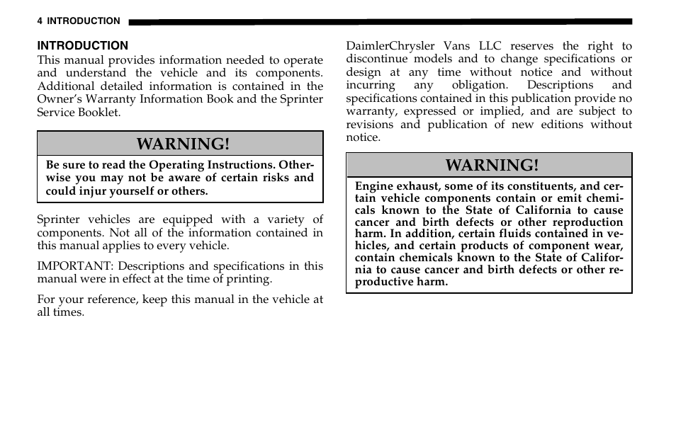 Warning | Dodge 2005 Sprinter Cab & Chassis User Manual | Page 4 / 288