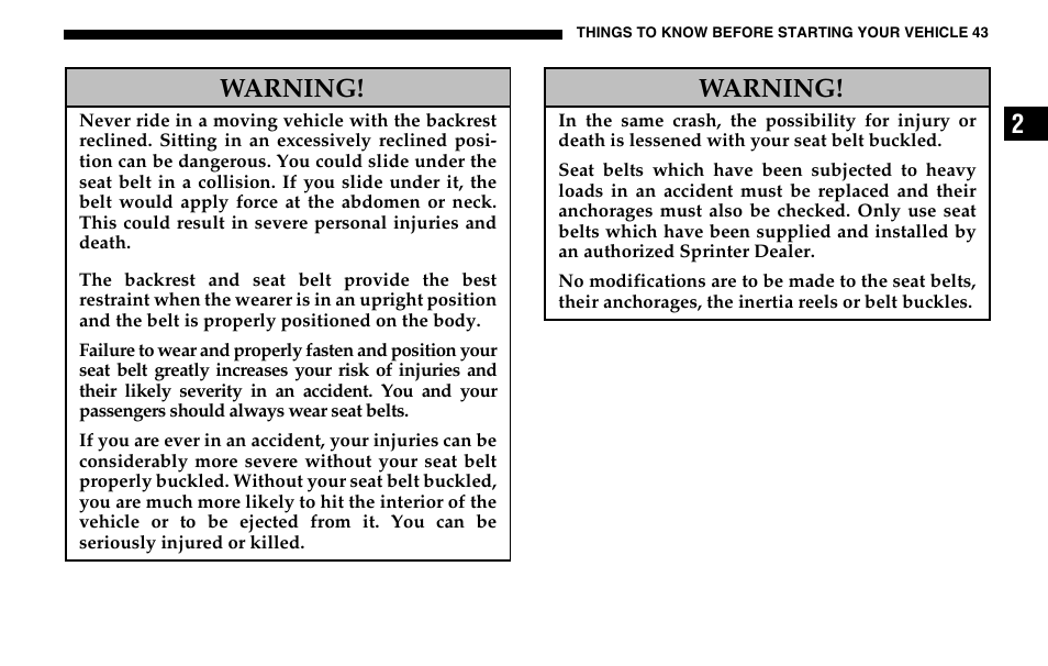 2warning, Warning | Dodge 2005 Sprinter Cab & Chassis User Manual | Page 43 / 288
