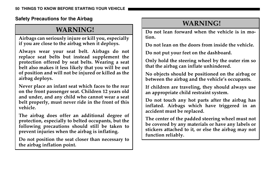 Warning | Dodge 2005 Sprinter Cab & Chassis User Manual | Page 50 / 288