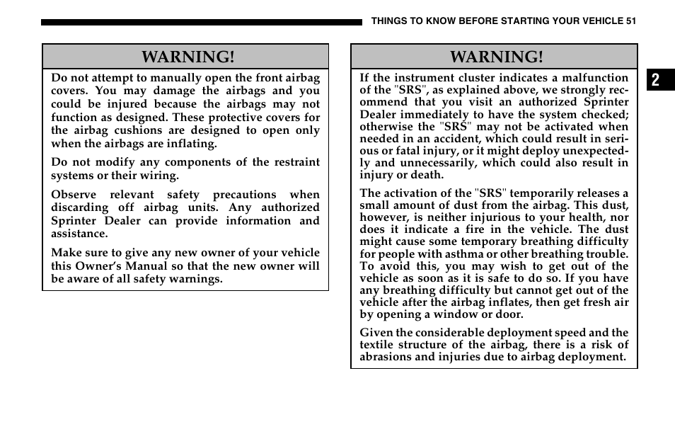 2warning, Warning | Dodge 2005 Sprinter Cab & Chassis User Manual | Page 51 / 288