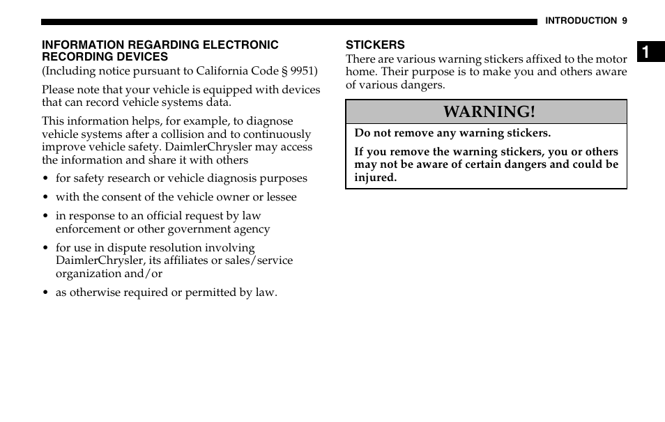 Warning | Dodge 2005 Sprinter Cab & Chassis User Manual | Page 9 / 288