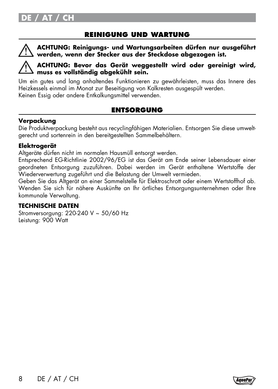 De / at / ch | Aquapur Handheld Steam Cleaner User Manual | Page 10 / 48