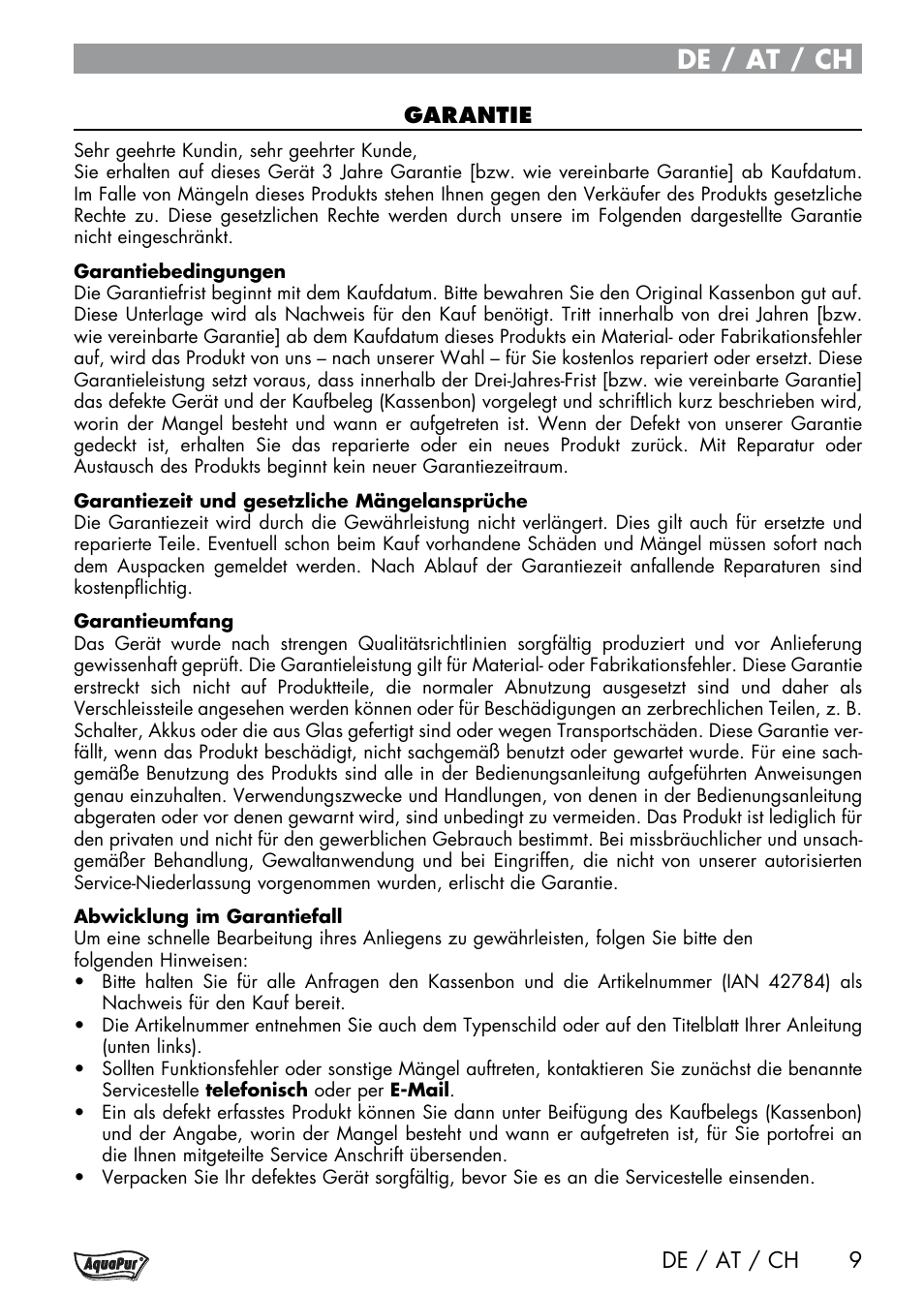 De / at / ch | Aquapur Handheld Steam Cleaner User Manual | Page 11 / 48