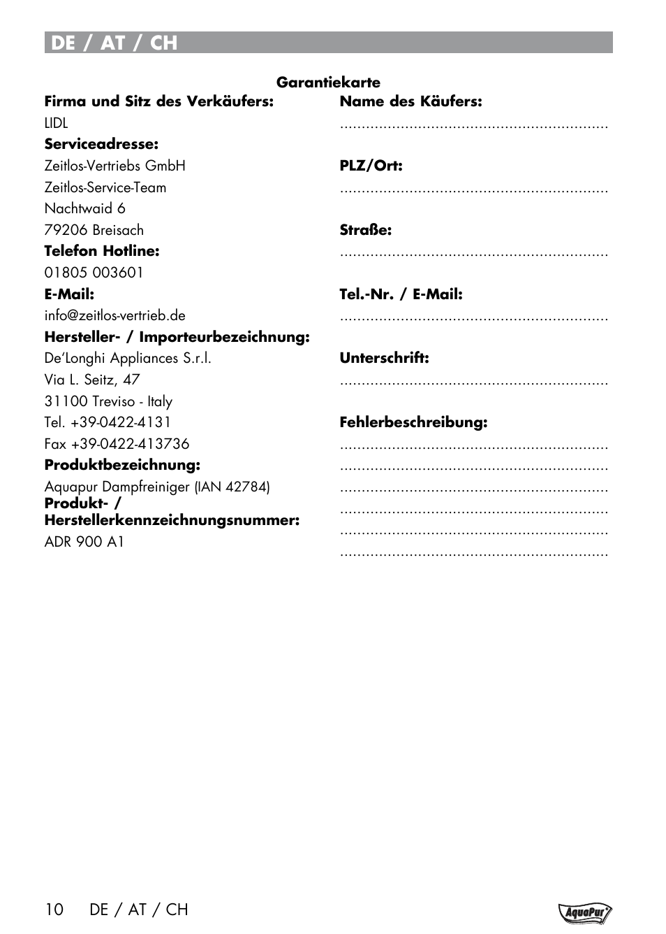 De / at / ch | Aquapur Handheld Steam Cleaner User Manual | Page 12 / 48
