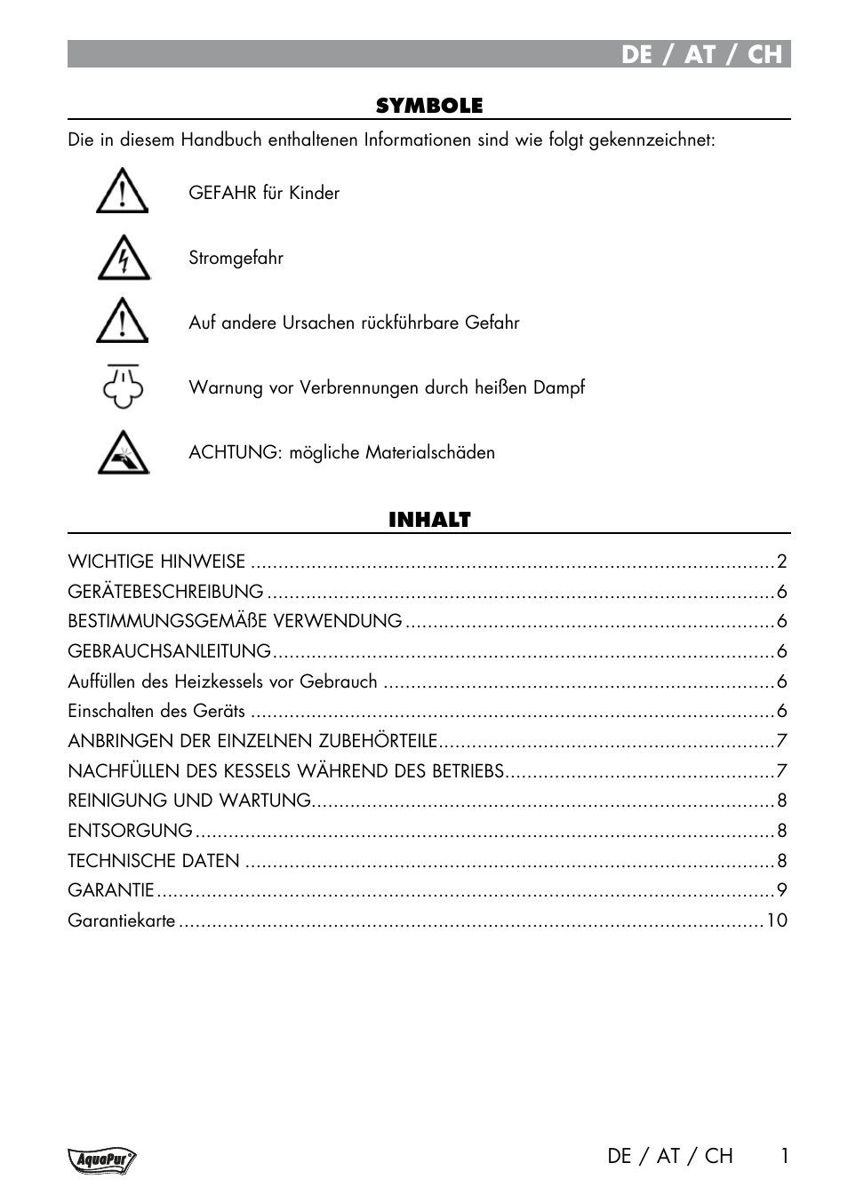 De / at / ch | Aquapur Handheld Steam Cleaner User Manual | Page 3 / 48