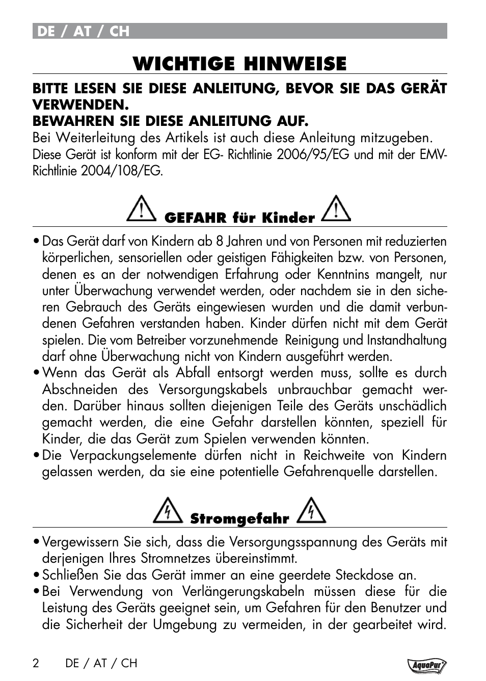 Wichtige hinweise | Aquapur Handheld Steam Cleaner User Manual | Page 4 / 48