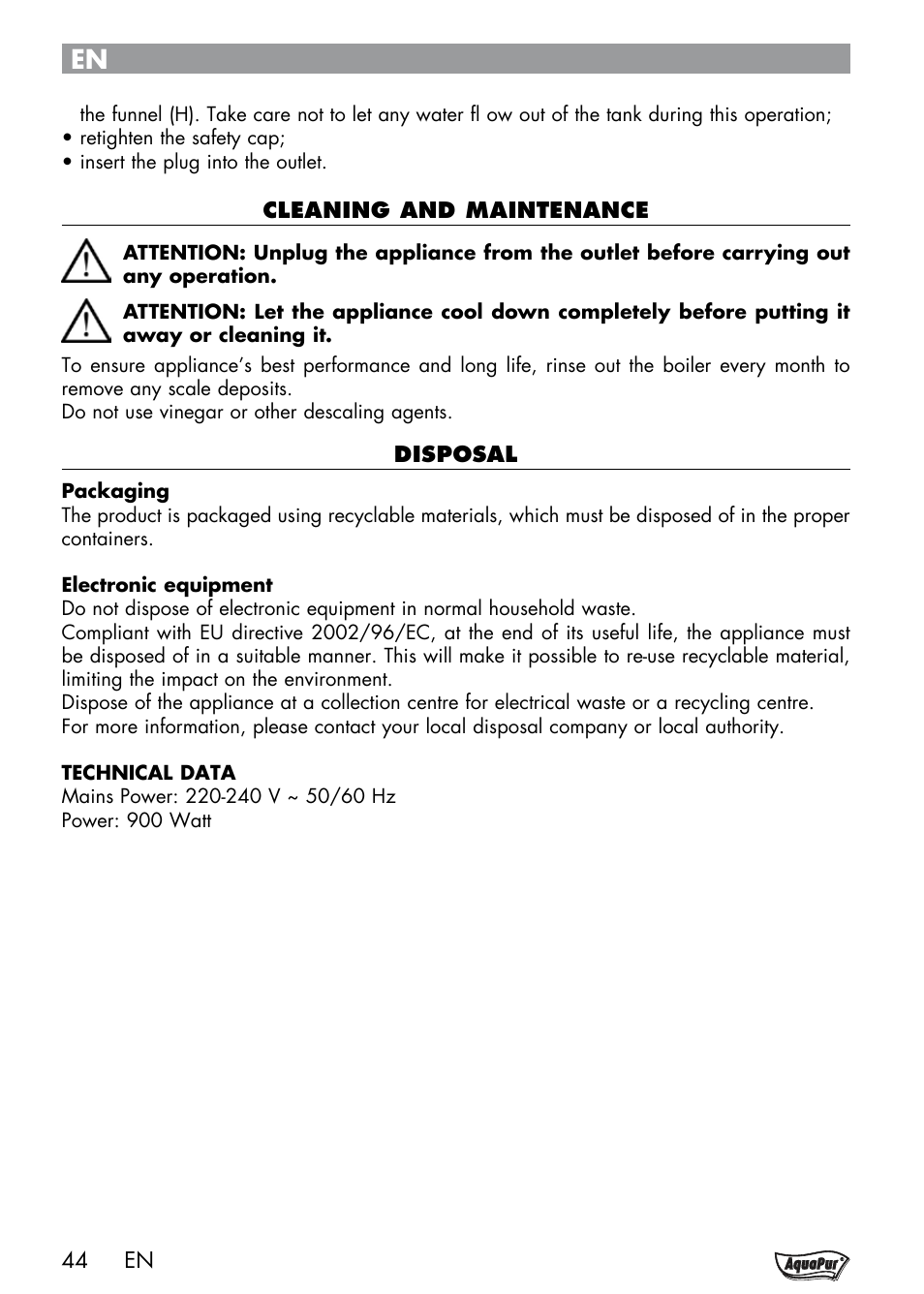 Aquapur Handheld Steam Cleaner User Manual | Page 46 / 48