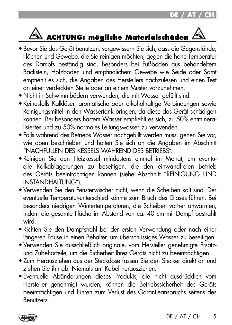 Aquapur Handheld Steam Cleaner User Manual | Page 7 / 48