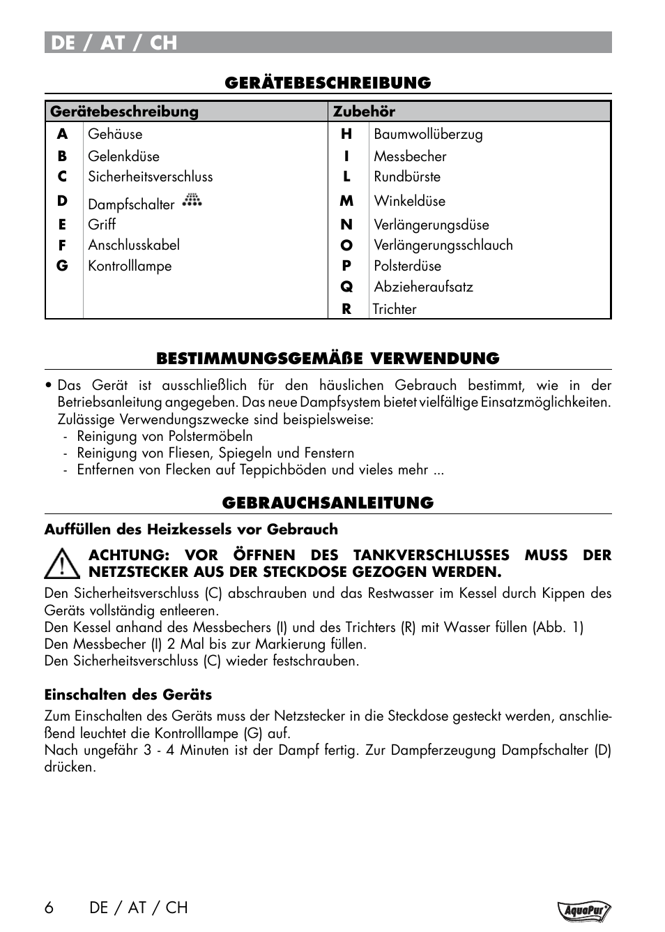 De / at / ch | Aquapur Handheld Steam Cleaner User Manual | Page 8 / 48
