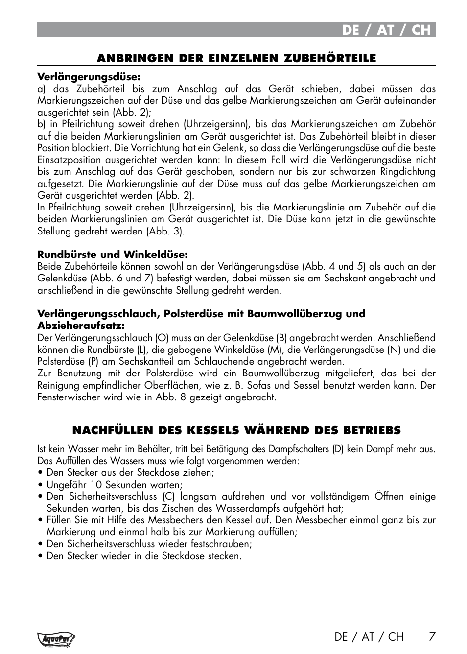 De / at / ch | Aquapur Handheld Steam Cleaner User Manual | Page 9 / 48