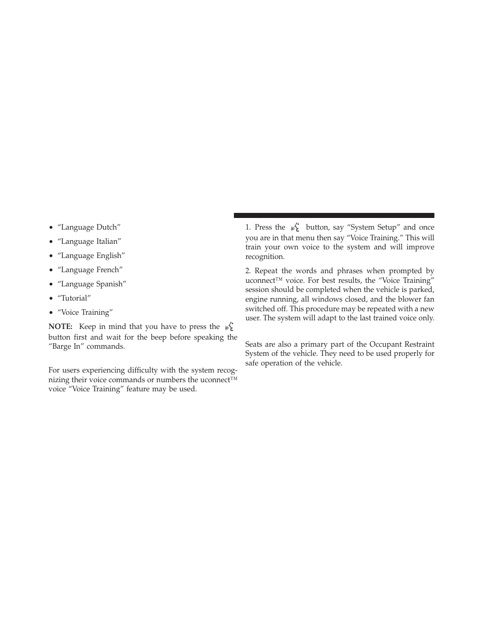 Voice training, Seats | Dodge 2010 Ram Chassis Cab User Manual | Page 118 / 423