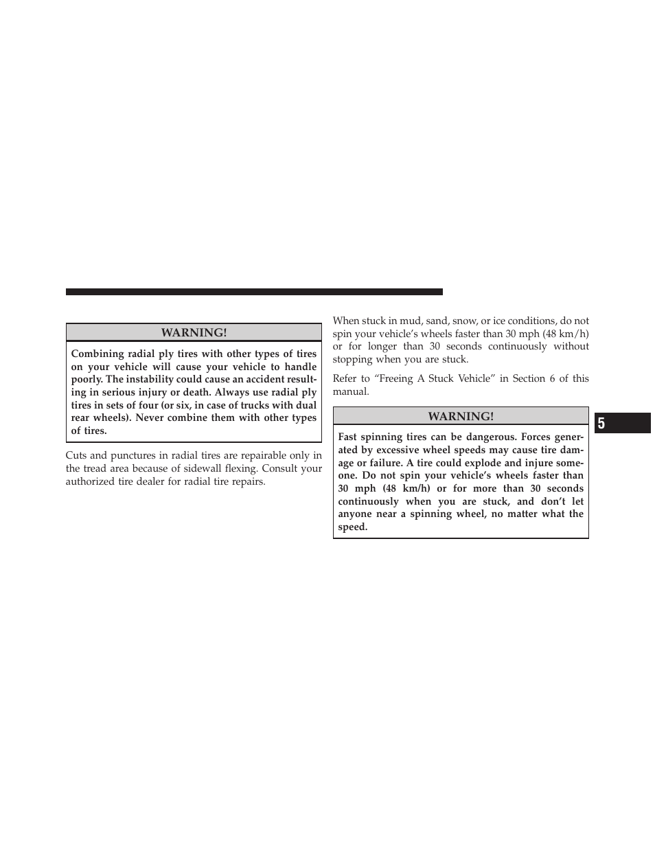 Radial ply tires, Tire spinning | Dodge 2010 Ram Chassis Cab User Manual | Page 263 / 423