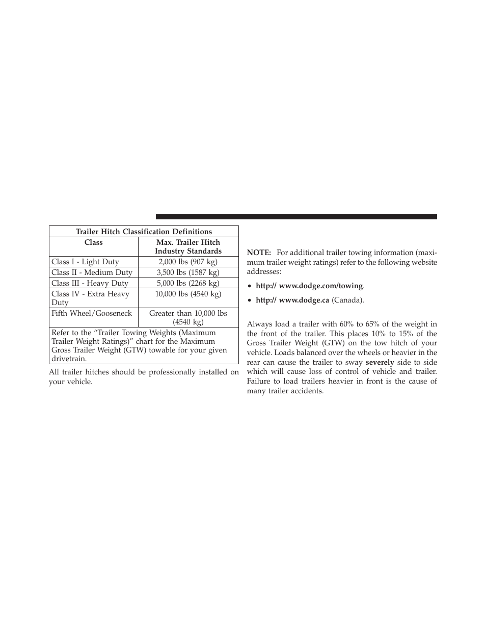 Trailer and tongue weight, Trailer towing weights, Maximum trailer weight ratings) | Dodge 2010 Ram Chassis Cab User Manual | Page 282 / 423