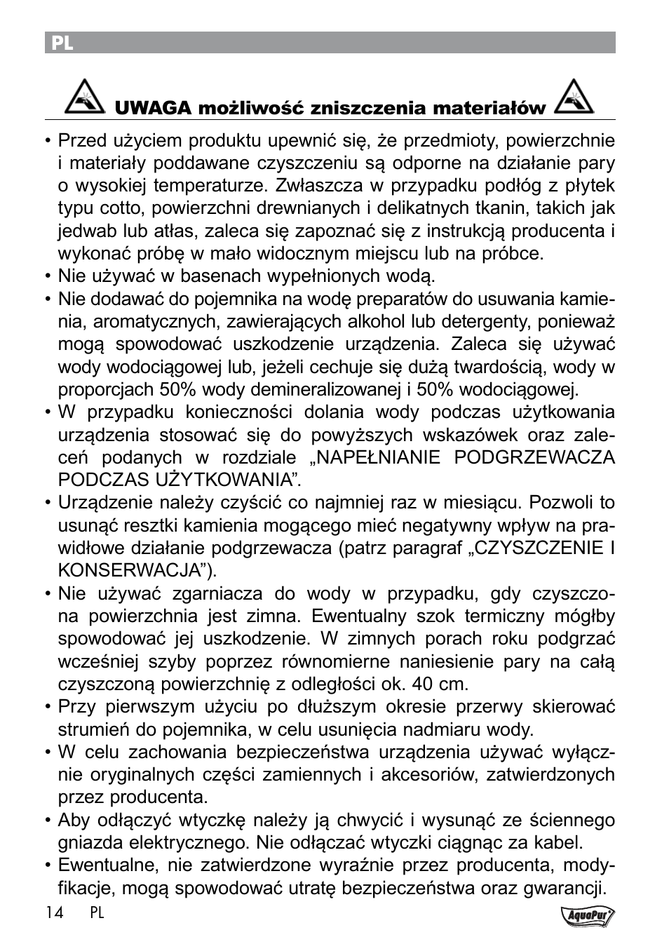 Aquapur Handheld Steam Cleaner User Manual | Page 16 / 74