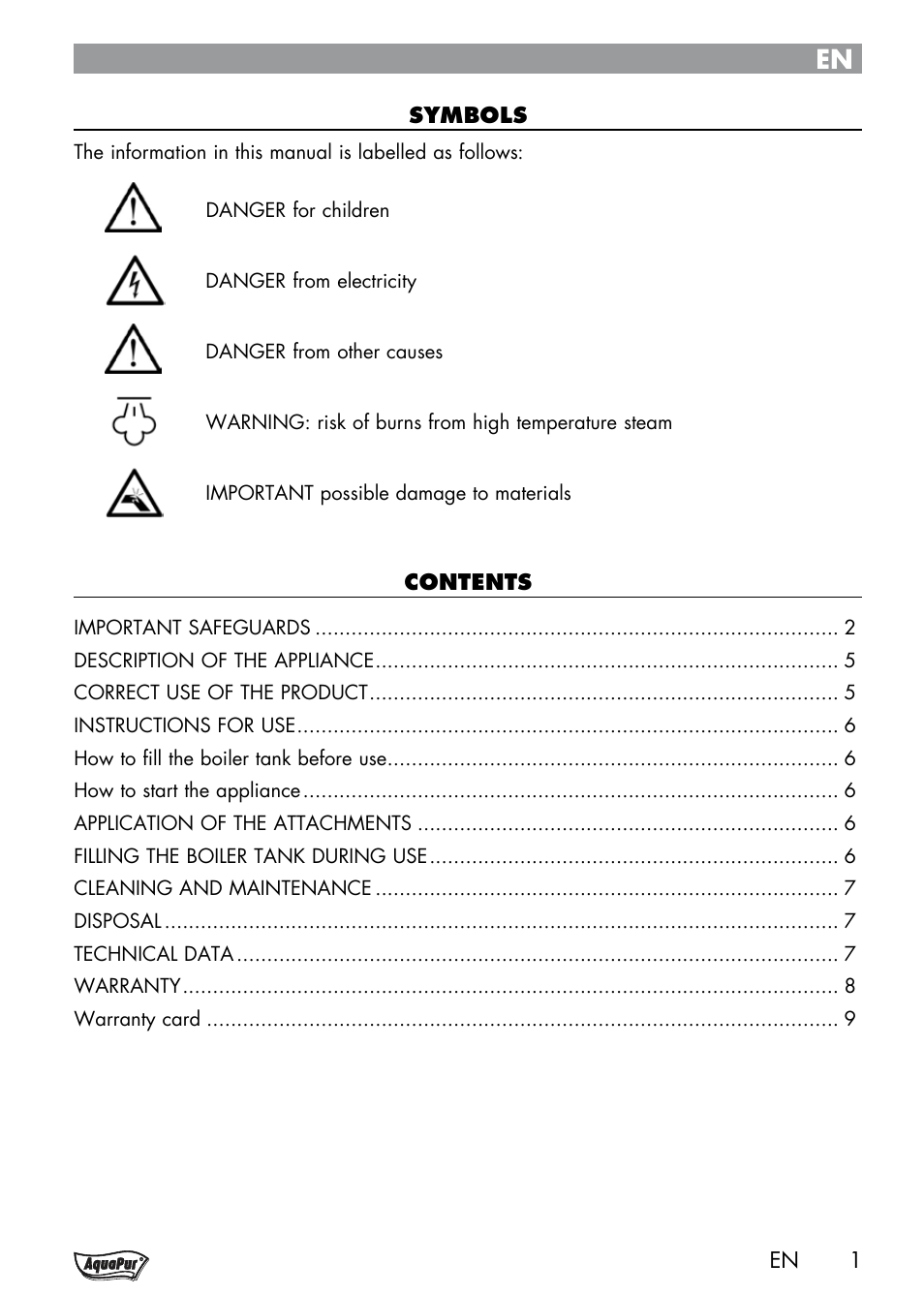 Aquapur Handheld Steam Cleaner User Manual | Page 3 / 74