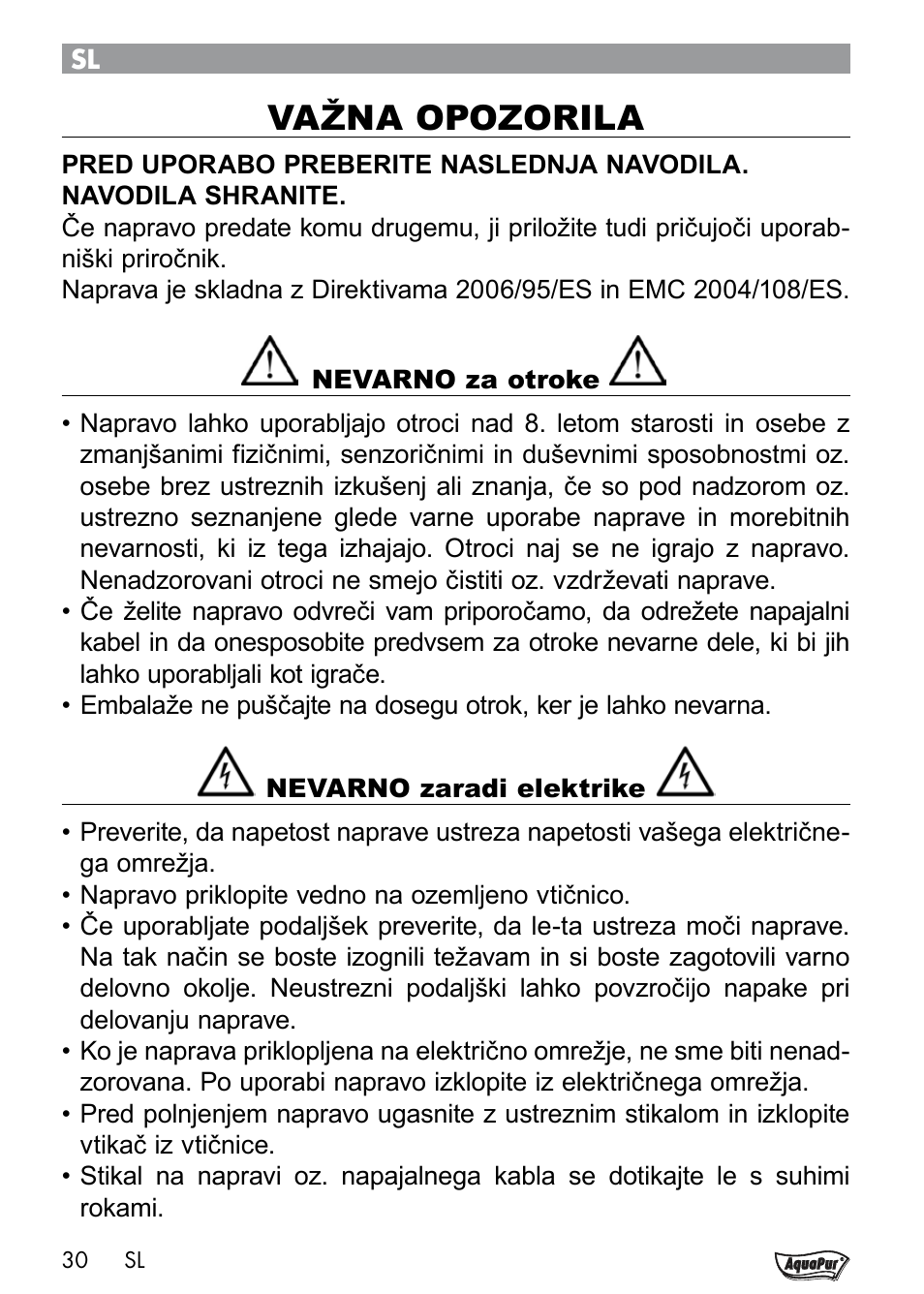 Važna opozorila | Aquapur Handheld Steam Cleaner User Manual | Page 32 / 74