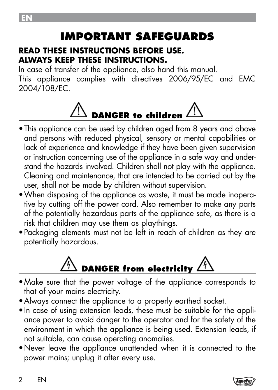 Important safeguards | Aquapur Handheld Steam Cleaner User Manual | Page 4 / 74