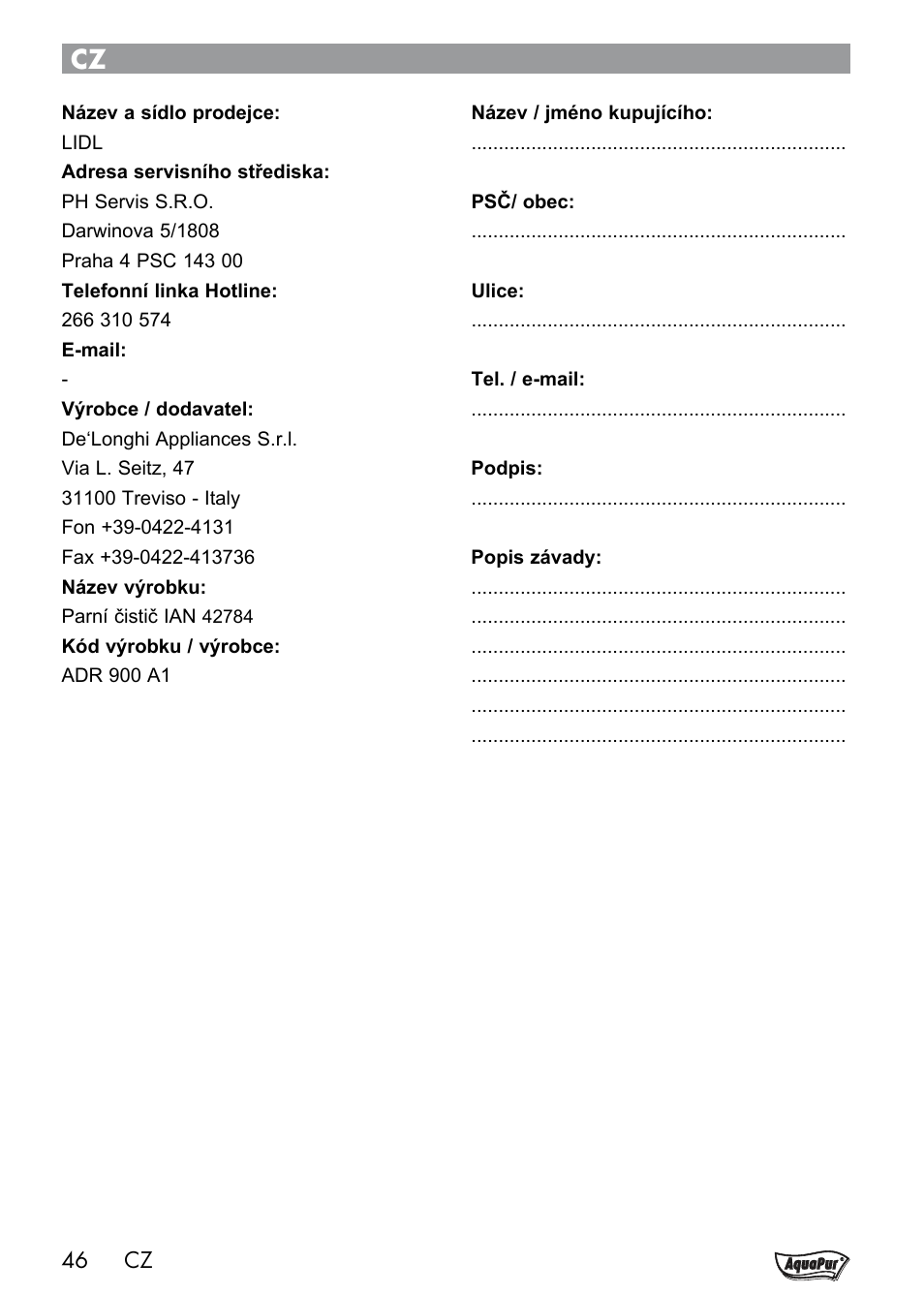 Aquapur Handheld Steam Cleaner User Manual | Page 48 / 74
