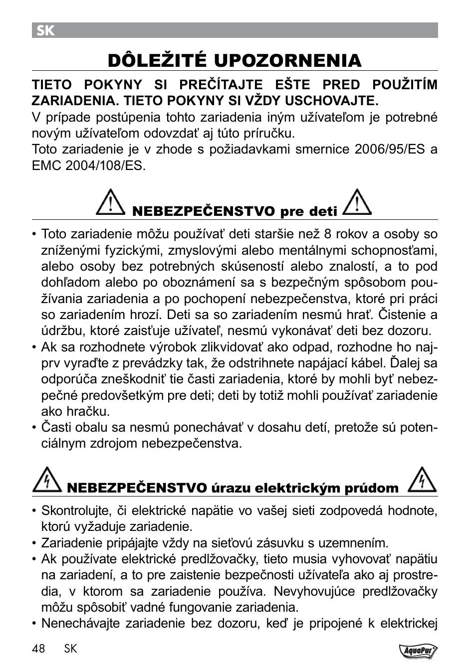 Dôležité upozornenia | Aquapur Handheld Steam Cleaner User Manual | Page 50 / 74