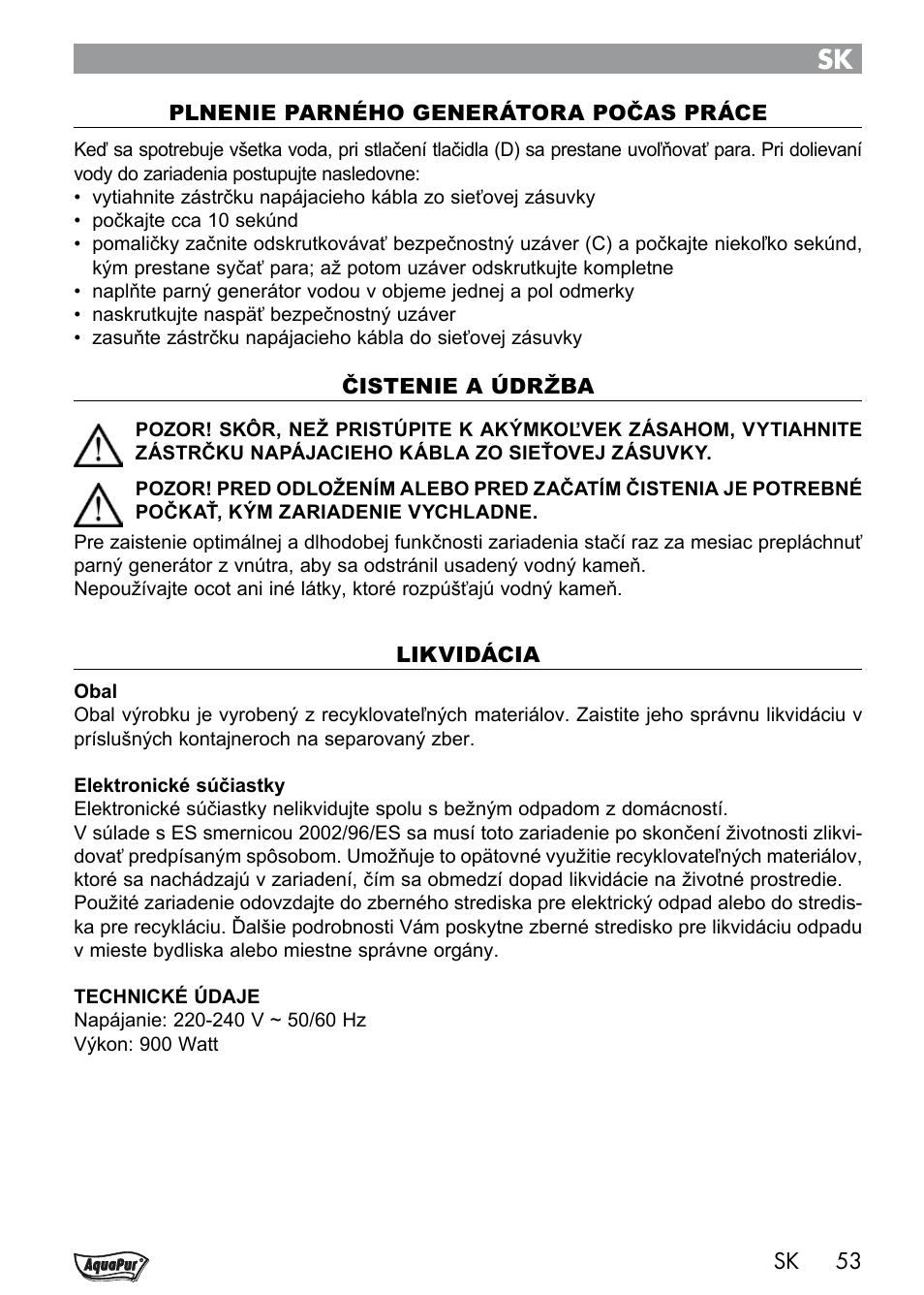 Aquapur Handheld Steam Cleaner User Manual | Page 55 / 74