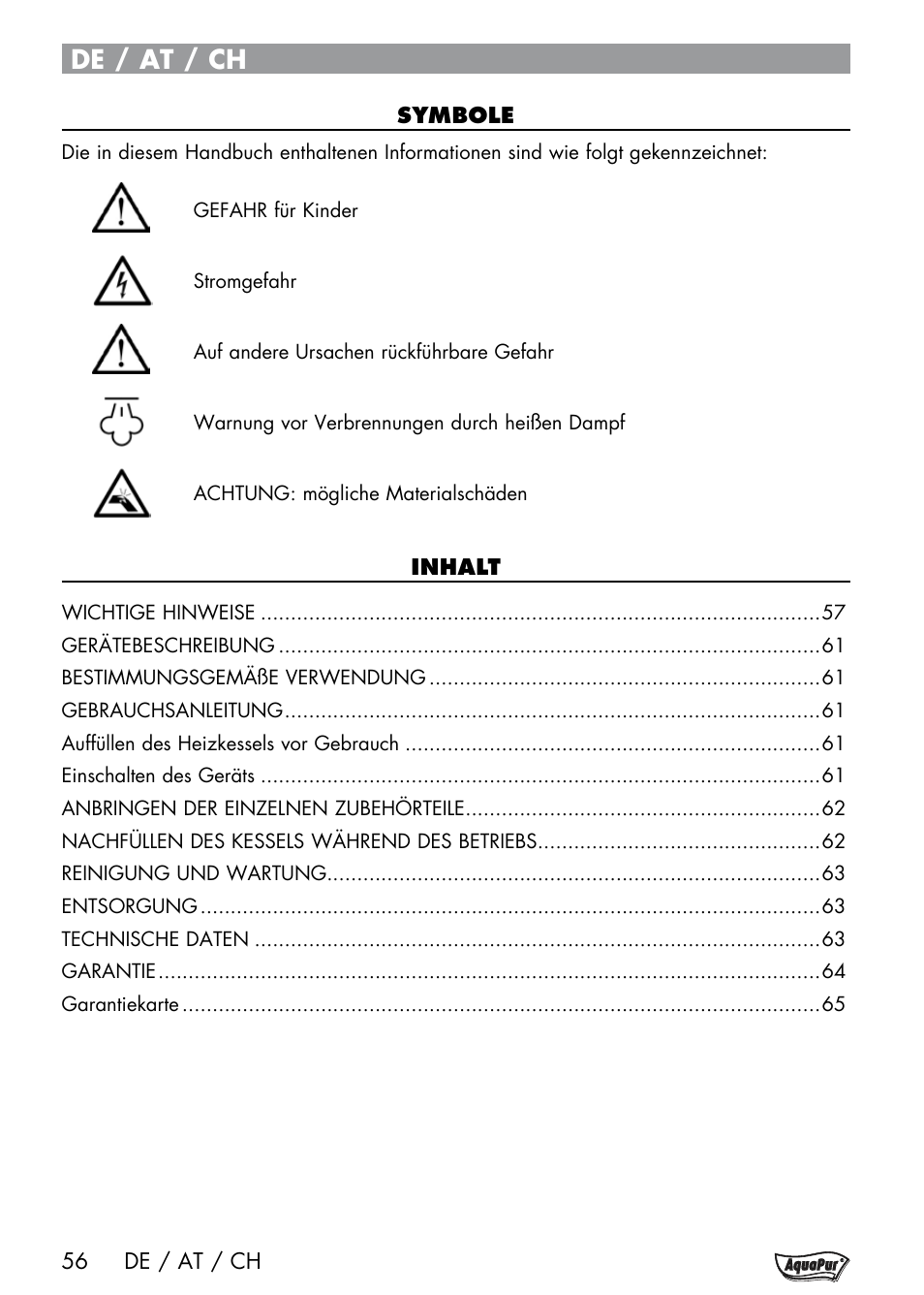 De / at / ch | Aquapur Handheld Steam Cleaner User Manual | Page 58 / 74