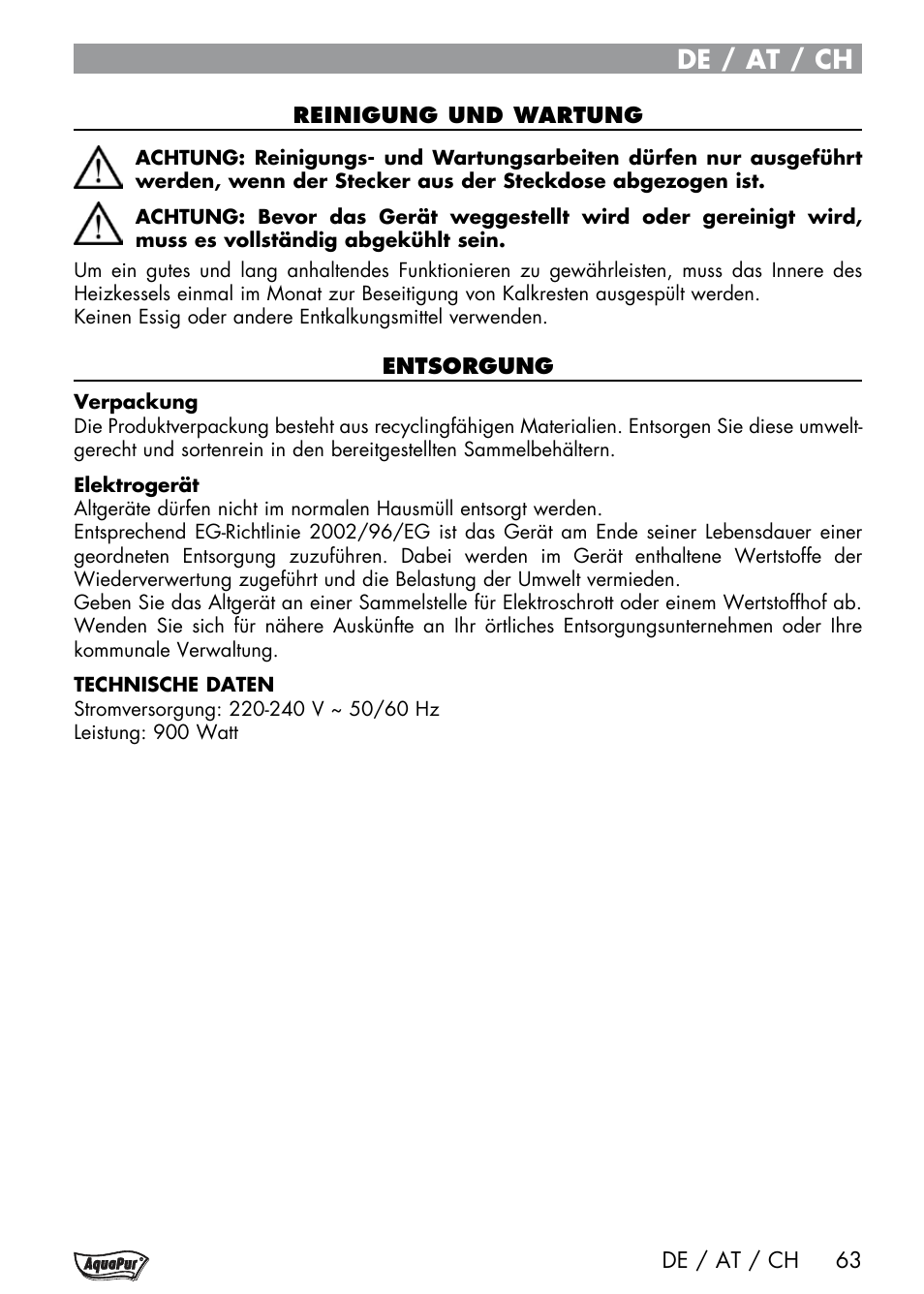 De / at / ch | Aquapur Handheld Steam Cleaner User Manual | Page 65 / 74