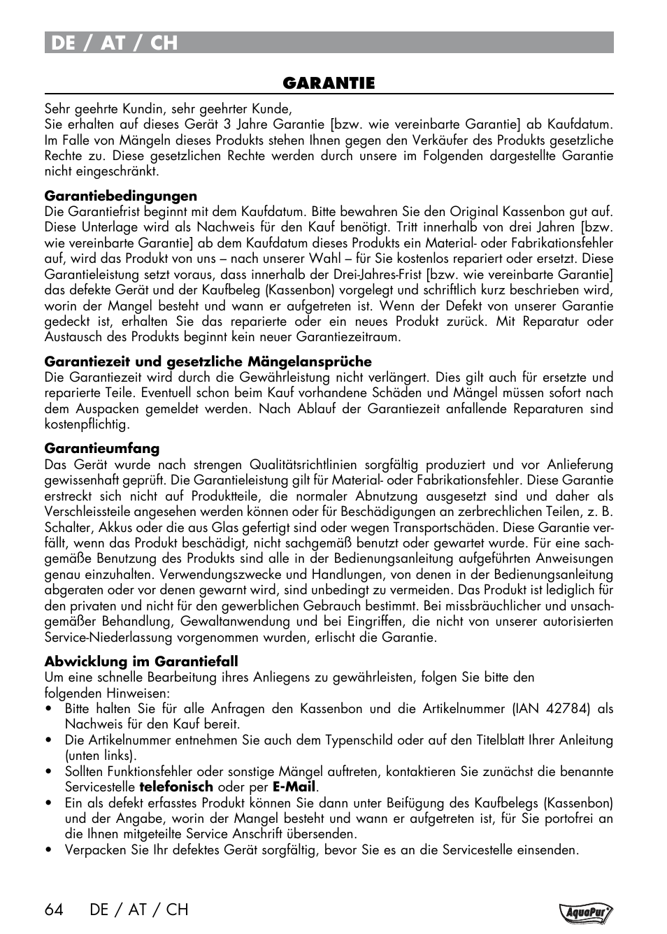 De / at / ch | Aquapur Handheld Steam Cleaner User Manual | Page 66 / 74