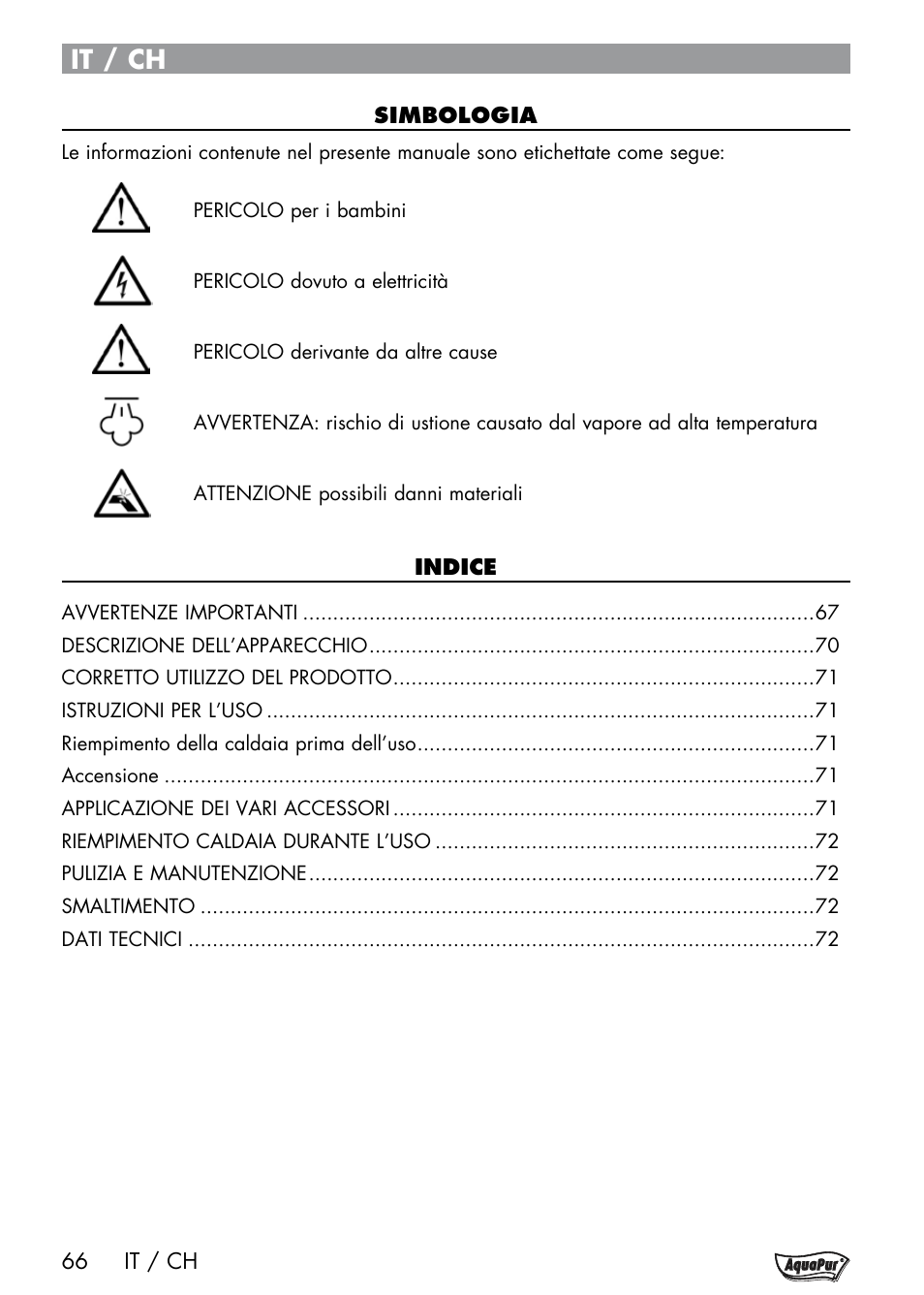 It / ch | Aquapur Handheld Steam Cleaner User Manual | Page 68 / 74