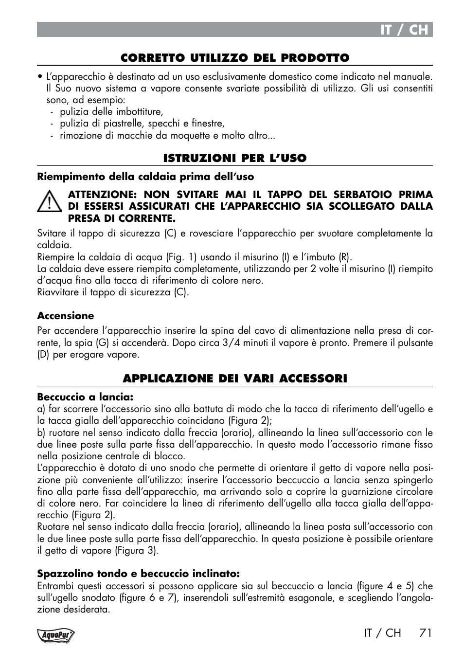 It / ch | Aquapur Handheld Steam Cleaner User Manual | Page 73 / 74