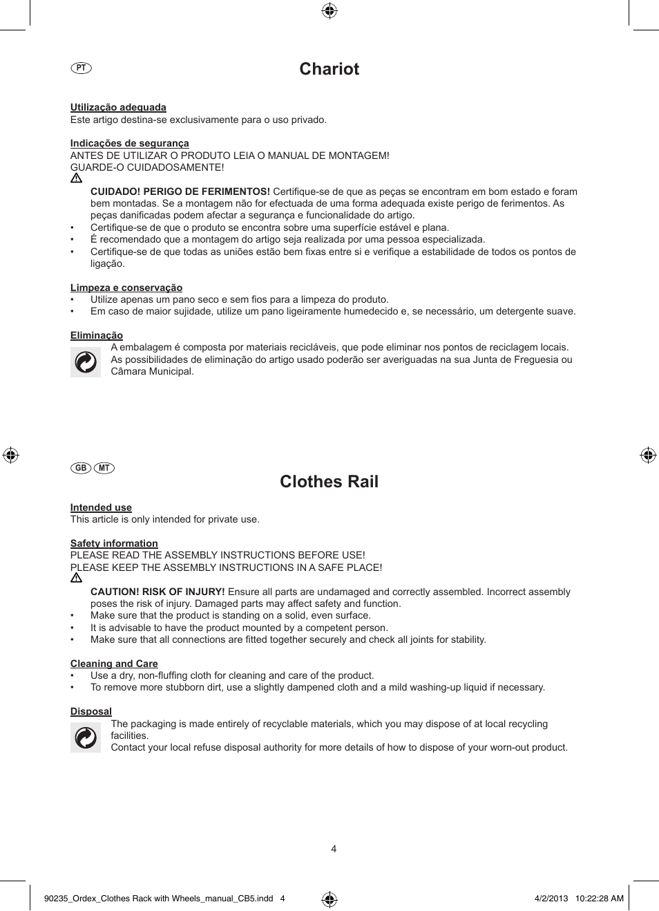 Chariot, Clothes rail | Aquapur T13828 Clothes Rail User Manual | Page 5 / 7