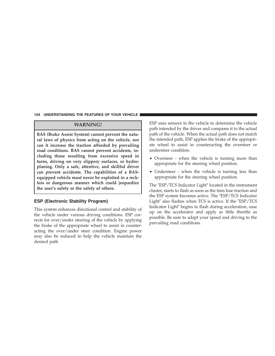 Esp (electronic stability program) | Dodge 2006 Charger SRT8 User Manual | Page 104 / 336