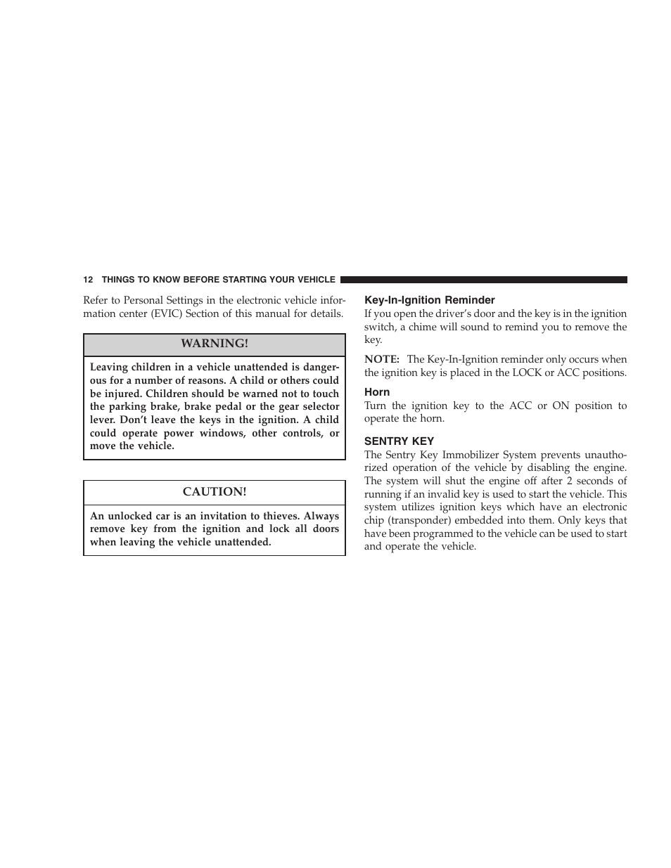 Key-in-ignition reminder, Horn, Sentry key | Dodge 2006 Charger SRT8 User Manual | Page 12 / 336