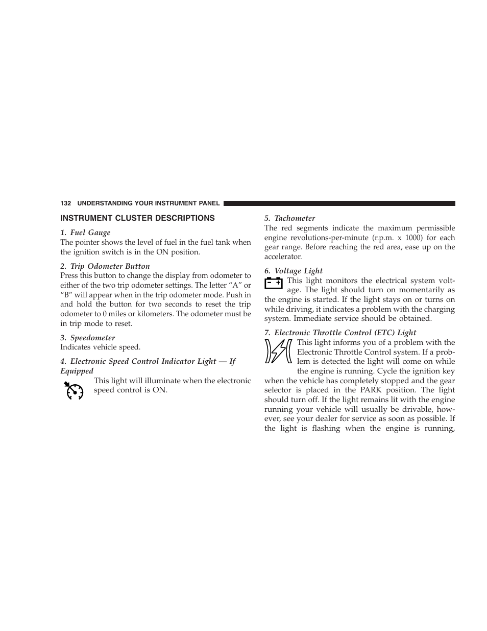 Instrument cluster descriptions | Dodge 2006 Charger SRT8 User Manual | Page 132 / 336