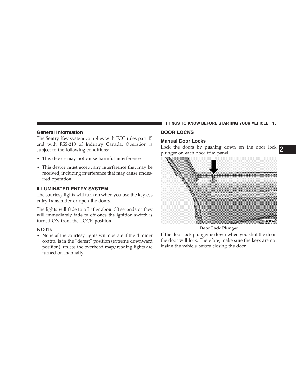 General information, Illuminated entry system, Door locks | Manual door locks | Dodge 2006 Charger SRT8 User Manual | Page 15 / 336