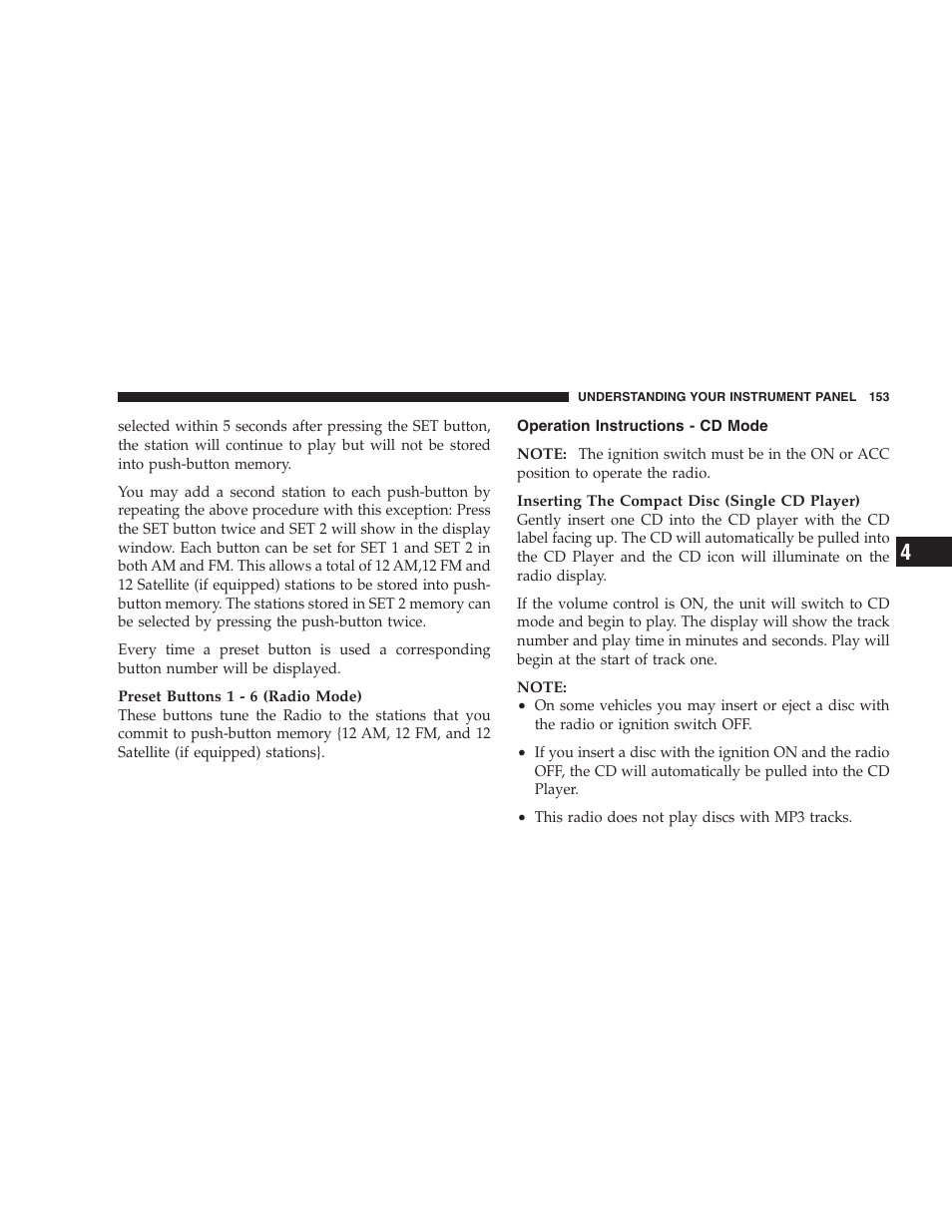 Operation instructions - cd mode | Dodge 2006 Charger SRT8 User Manual | Page 153 / 336