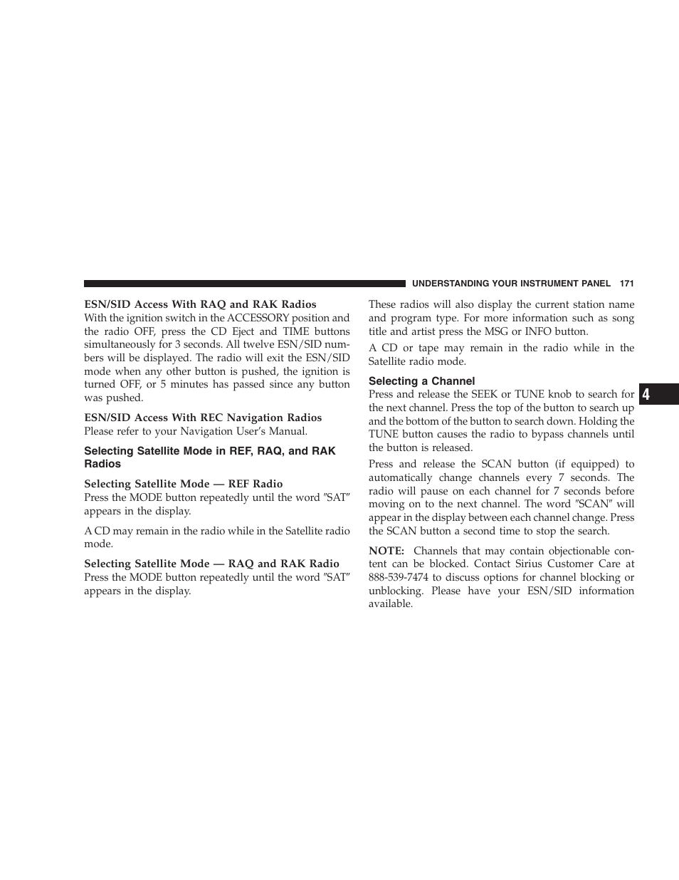 Selecting satellite mode in ref, raq, and, Rak radios, Selecting a channel | Dodge 2006 Charger SRT8 User Manual | Page 171 / 336