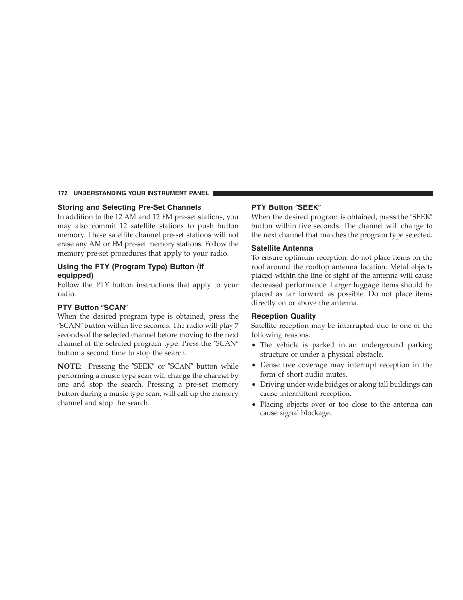 Storing and selecting pre-set channels, Using the pty (program type) button, If equipped) | Pty button љscanљ, Pty button љseekљ, Satellite antenna, Reception quality | Dodge 2006 Charger SRT8 User Manual | Page 172 / 336