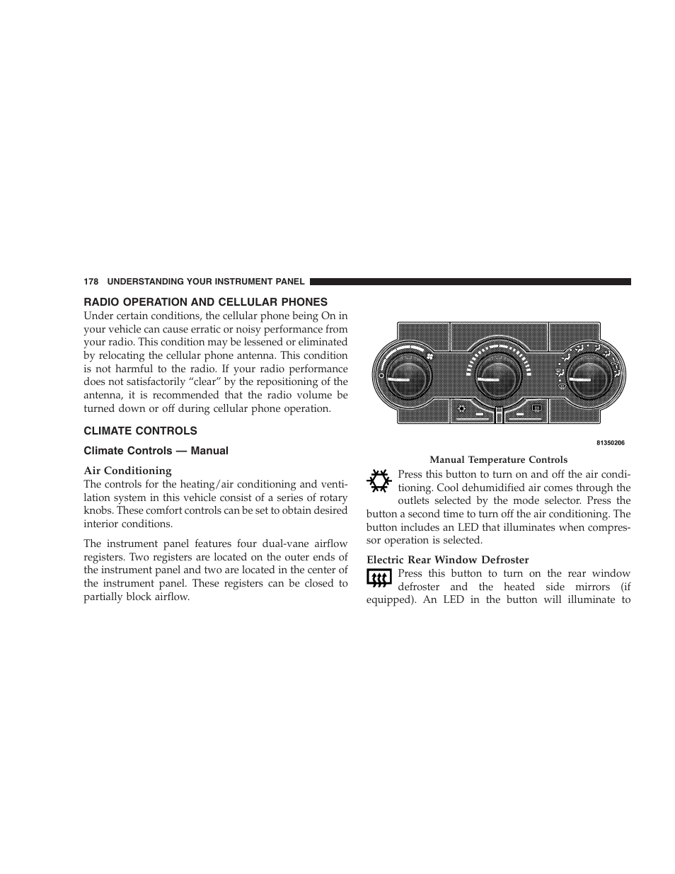 Radio operation and cellular phones, Climate controls, Climate controls — manual | Dodge 2006 Charger SRT8 User Manual | Page 178 / 336