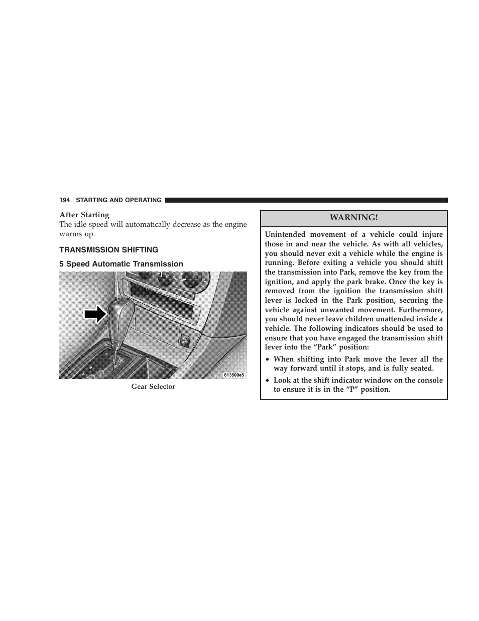 Transmission shifting, 5 speed automatic transmission | Dodge 2006 Charger SRT8 User Manual | Page 194 / 336