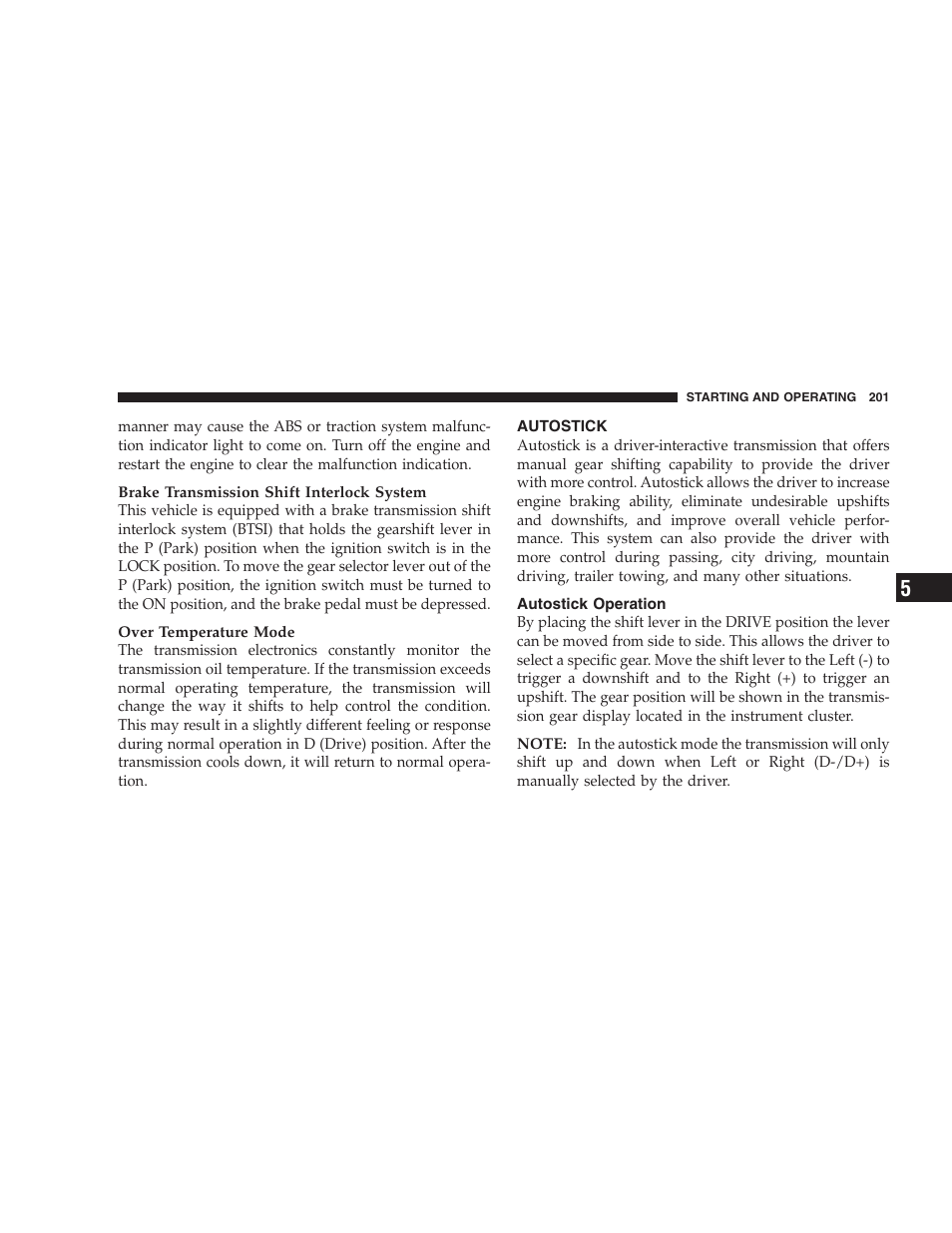 Autostick, Autostick operation | Dodge 2006 Charger SRT8 User Manual | Page 201 / 336