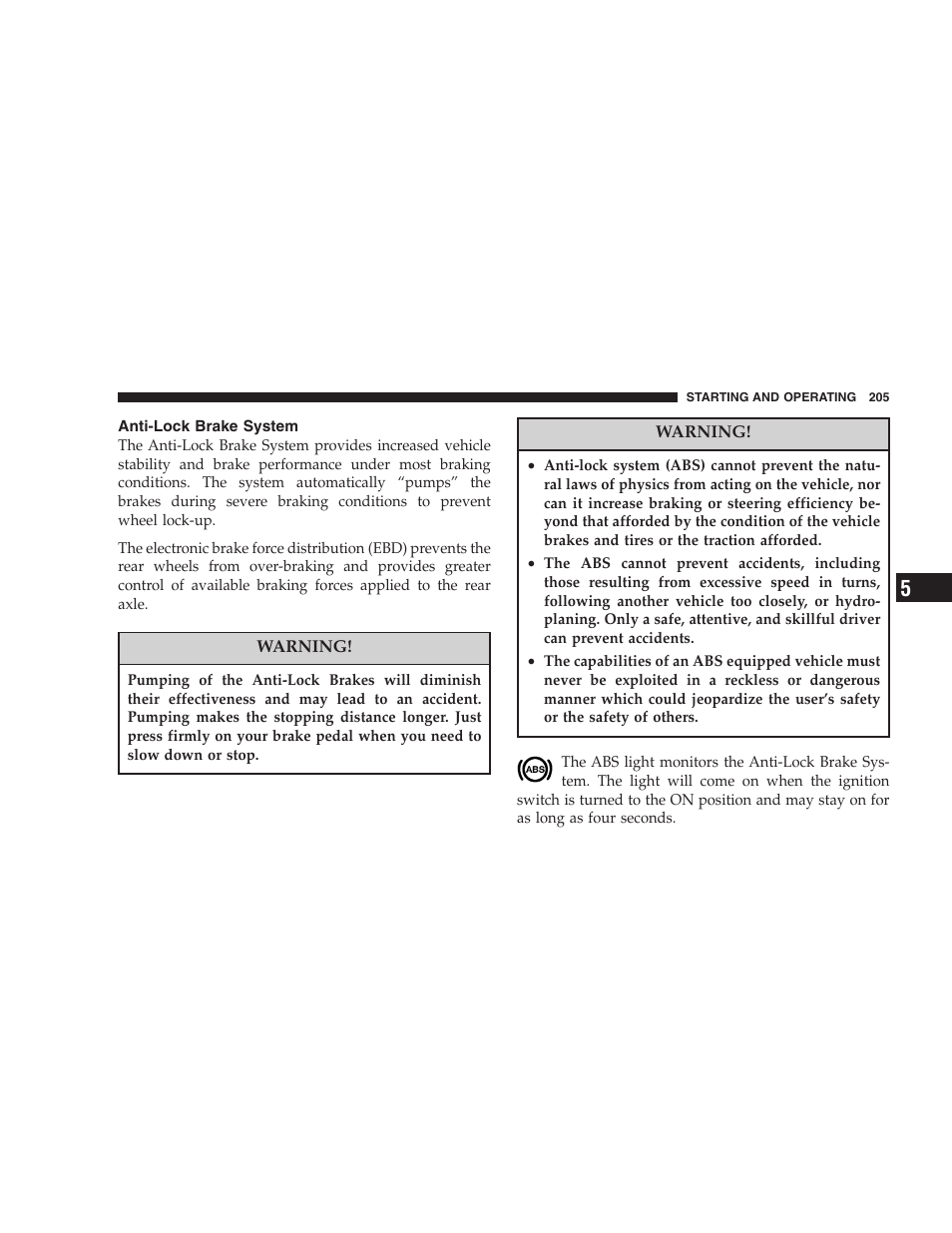 Anti-lock brake system | Dodge 2006 Charger SRT8 User Manual | Page 205 / 336